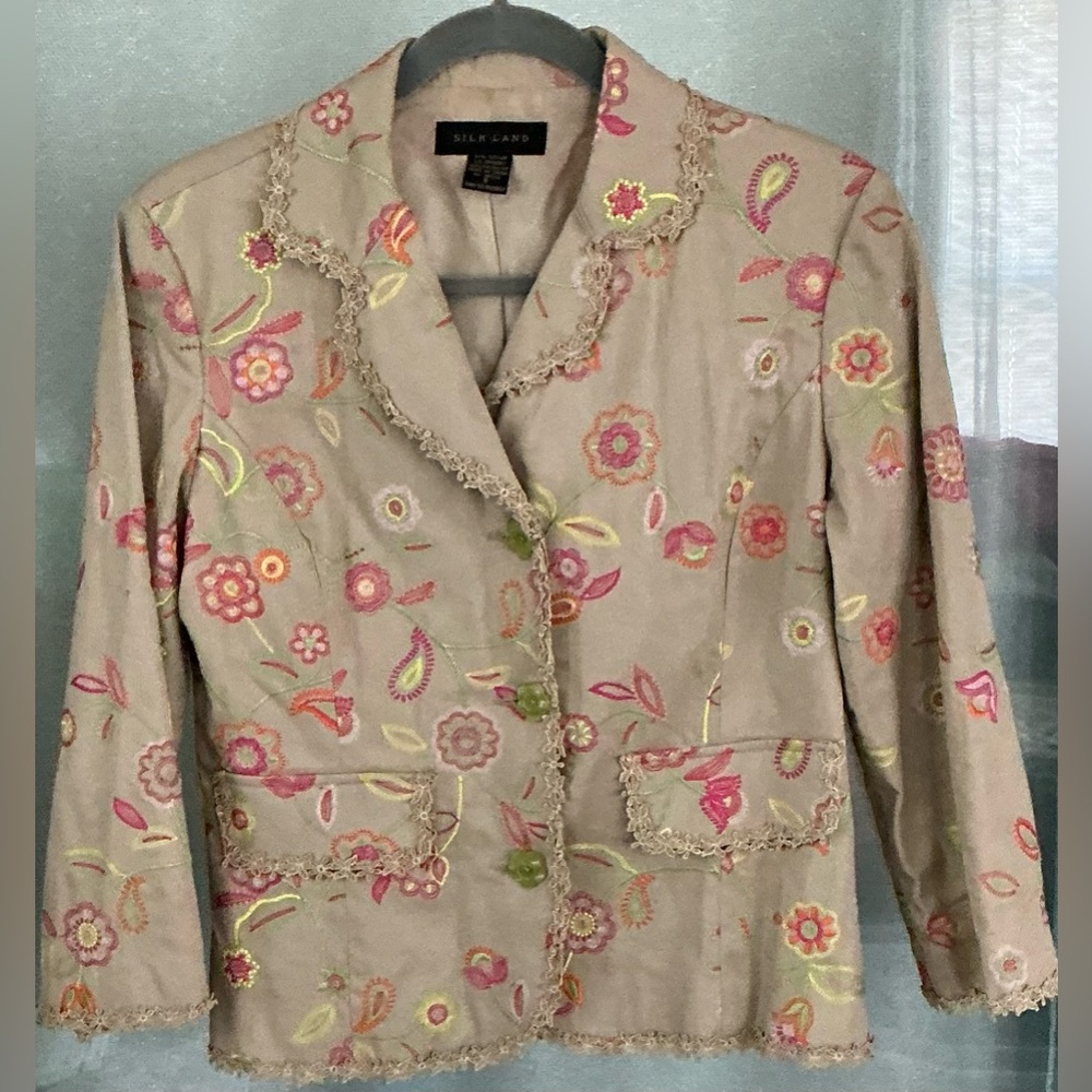Silk Land Tan Twill Floral Embroidered Blazer Jacket 🇺🇸